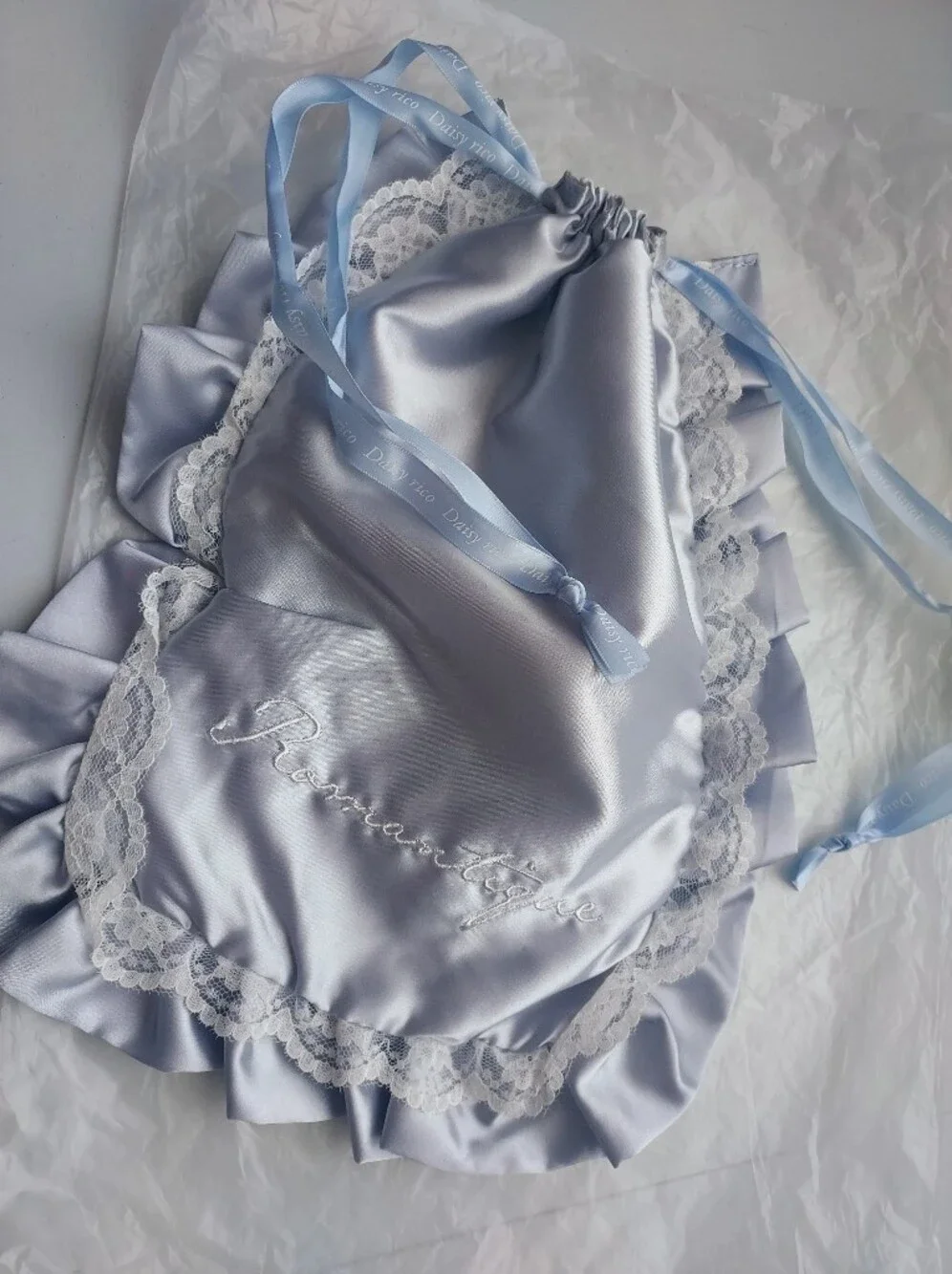 Japan brand grey silver lace Satin Lace cloths cosmetic drawstring bag pouch
